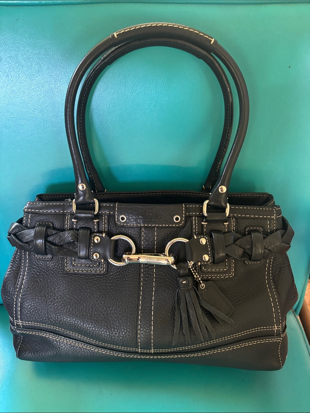 Coach Hampton F13084 Black Pebbled Leather Braided Satchel Tassel